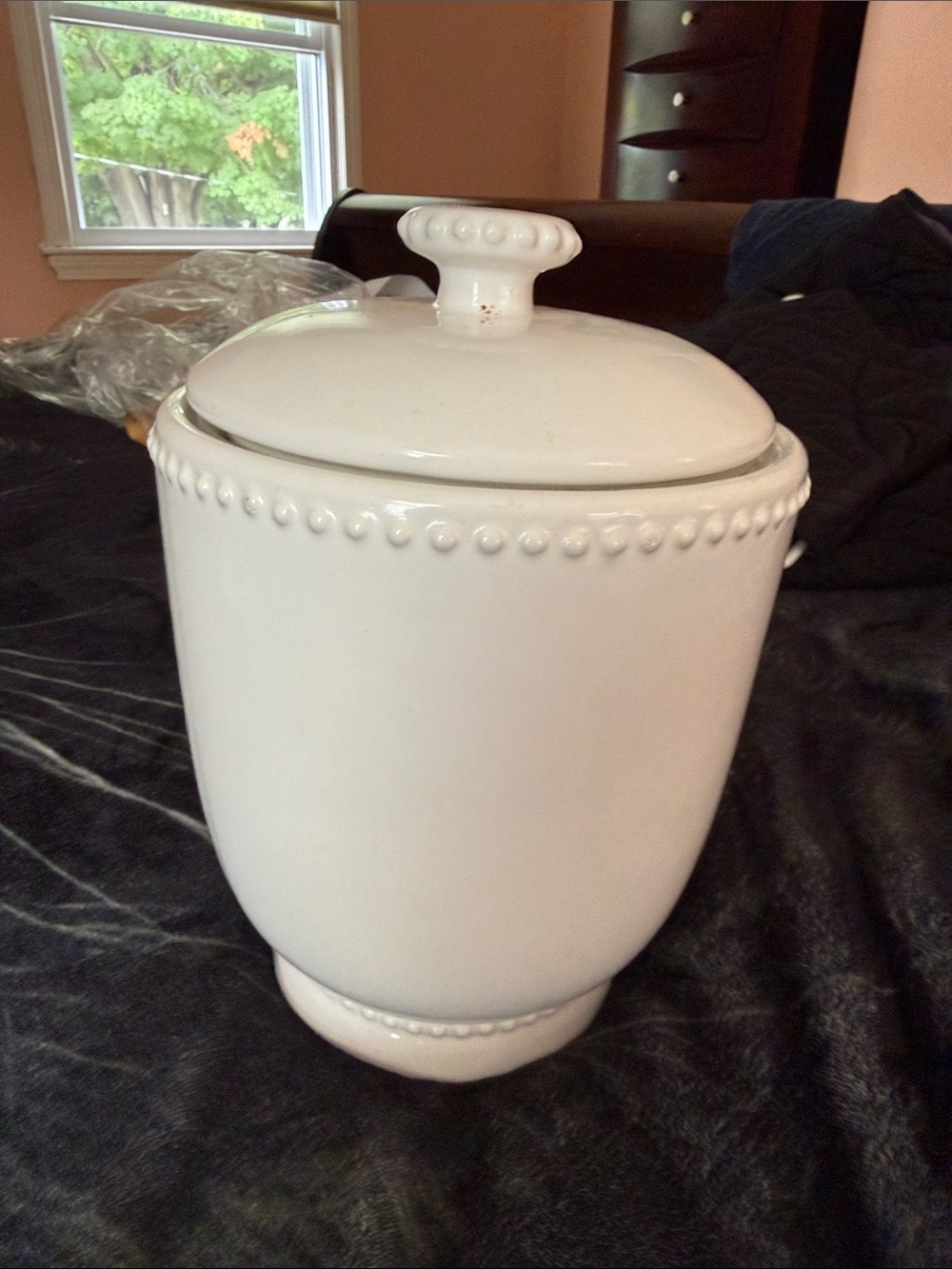 White Ceramic Lidded Decorative Canister - Beaded Accent